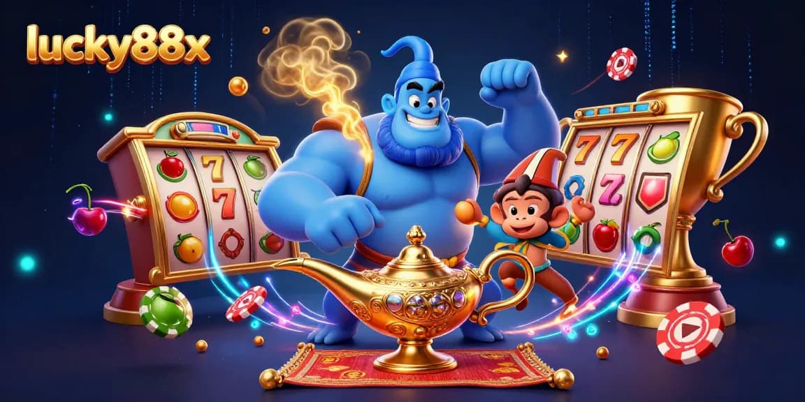 Experience the thrill of lucky88x with this vibrant slot-themed casino illustration.