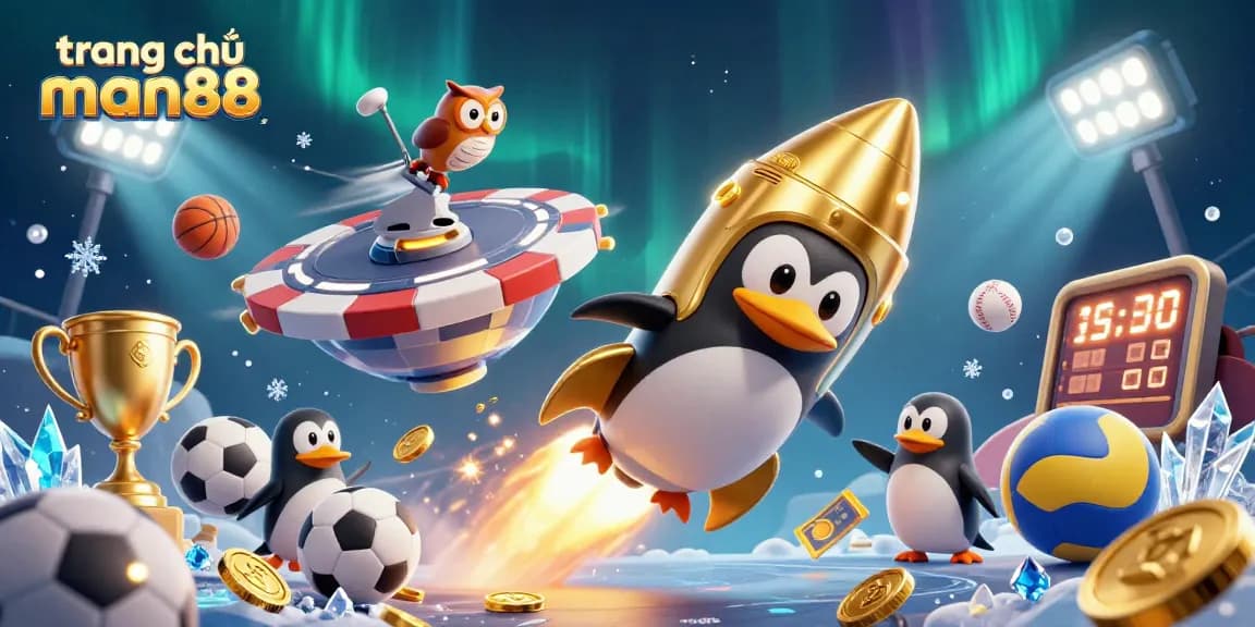 Experience the thrilling adventures at trang chủ man88 with a golden penguin in a cosmic casino.