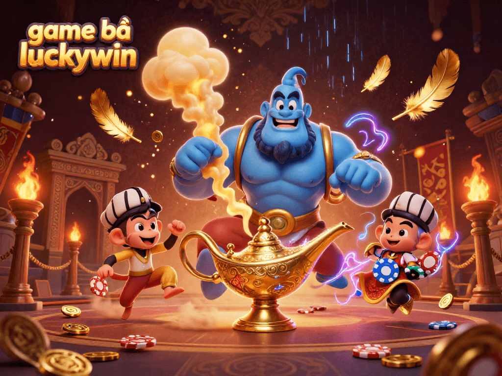 Win big with game bài luckywin featuring a genie, monkey, and poker chips.