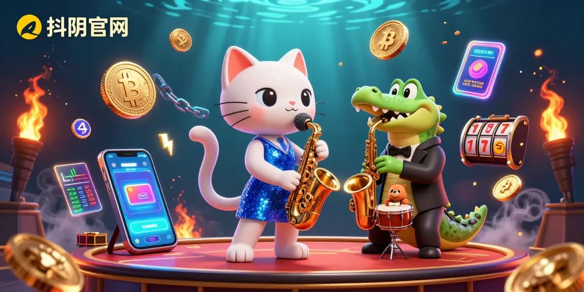 Experience the casino vibe with 抖阴官网 featuring vibrant characters performing amidst dazzling slot reels and cryptocurrency symbols.