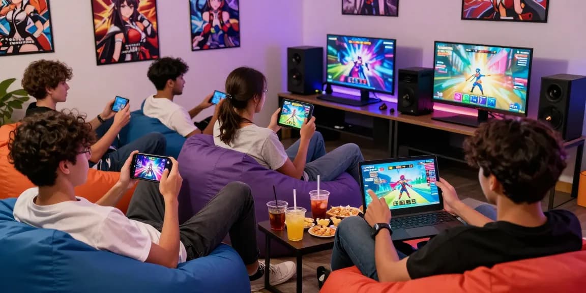 Players enjoying free hentai games on mobile and laptops in a cozy gaming lounge