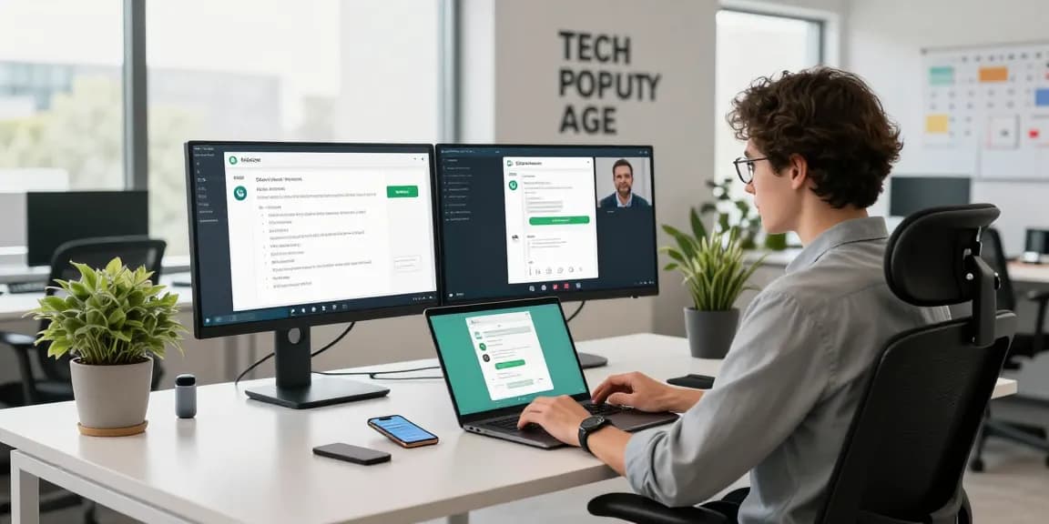 User exploring WhatsApp網頁版 on a modern tech desk setup surrounded by productivity tools.