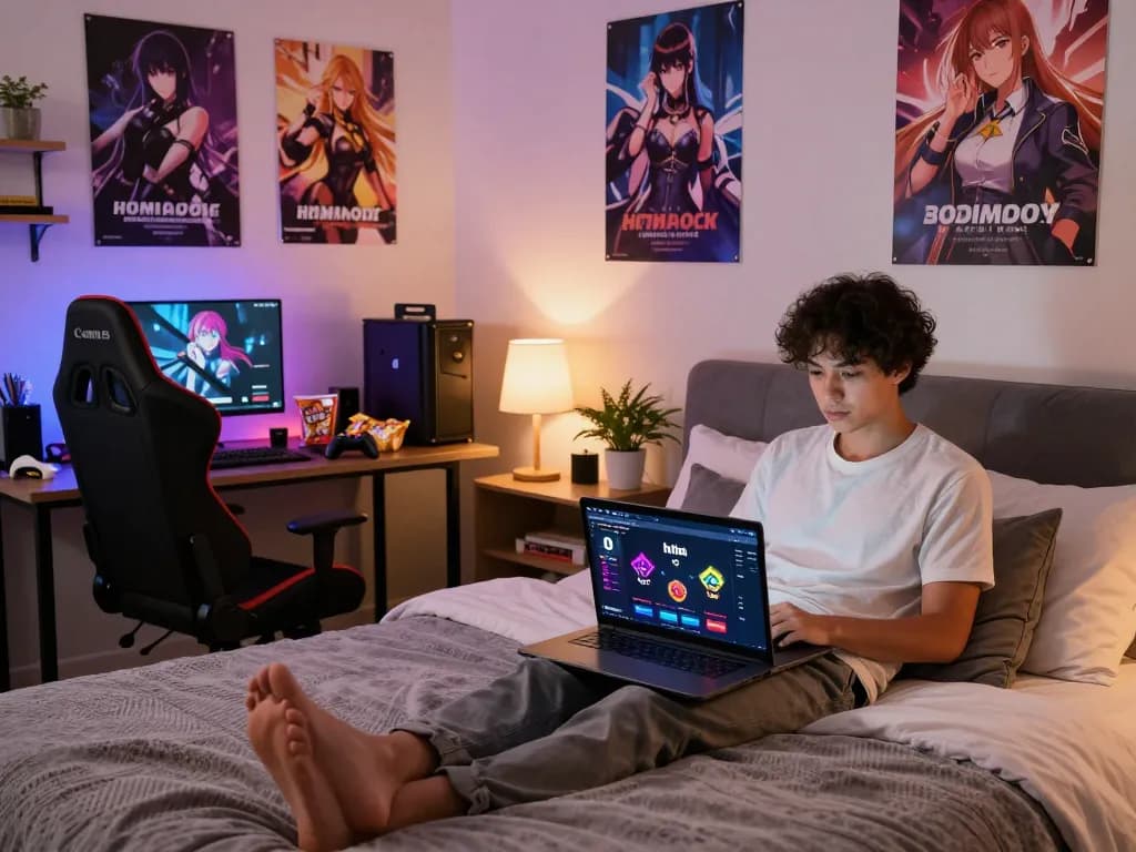 Cozy gaming setup showcasing html porn games on a laptop in a modern bedroom.