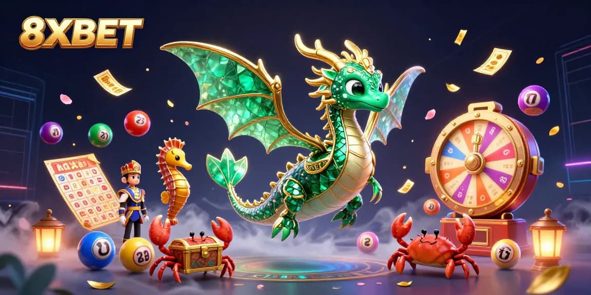 Win exciting prizes with 8XBET's dynamic lottery features in this colorful 3D illustration.