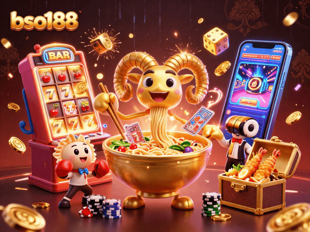 Win big with bso188 as a giant ramen bowl dealer and fun casino characters in a vibrant 3D scene.