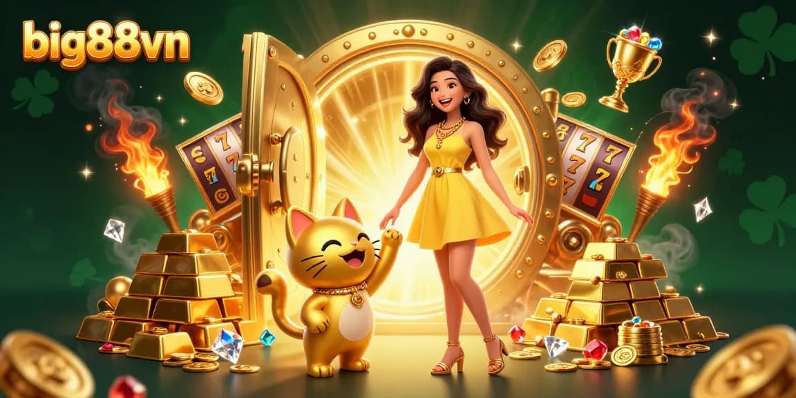 Join the excitement at big88vn with a joyful Asian woman and a golden lucky cat amidst vibrant slot reels.
