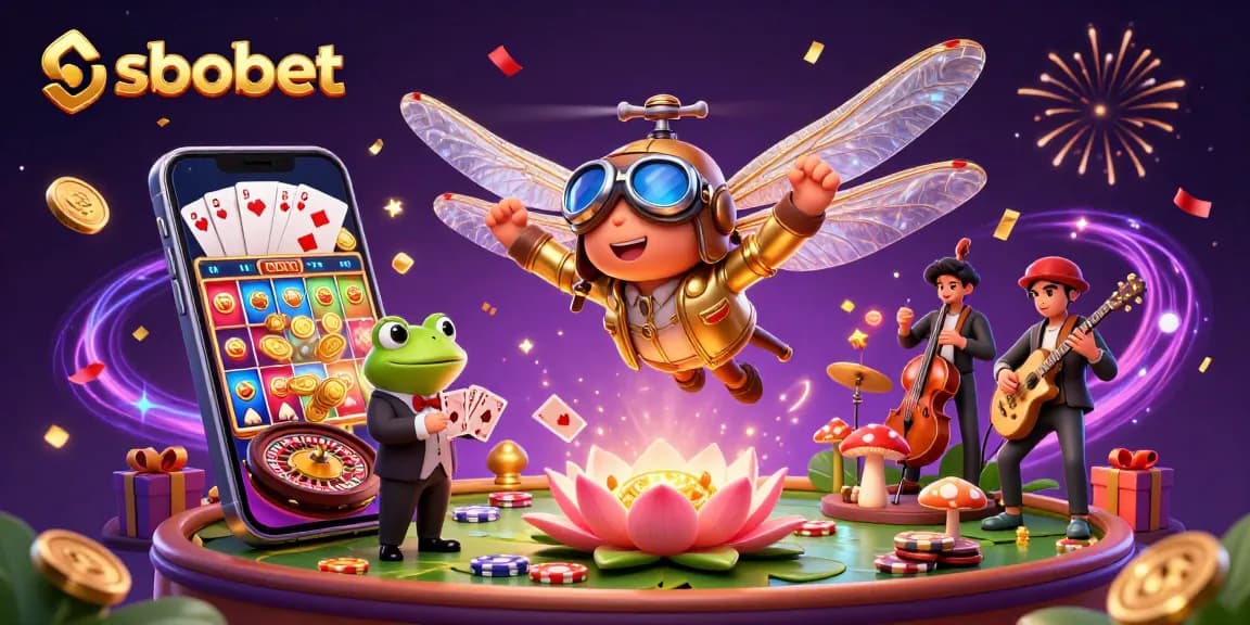 SBOBET unleashing dynamic gaming excitement with a dragonfly pilot and frog dealer at a lily pad casino