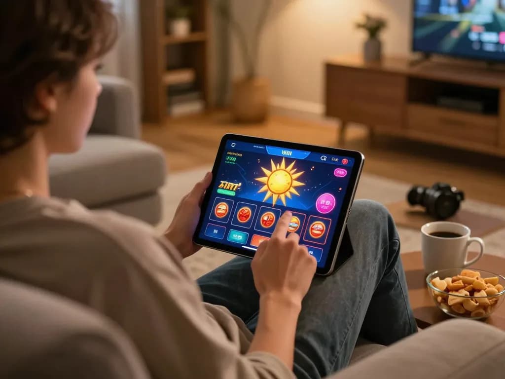 Engaging with the sun win casino app during a cozy home gaming session.