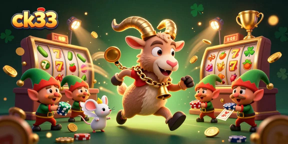 Experience exciting gaming at ck33 with a festive dramatic casino scene featuring playful characters