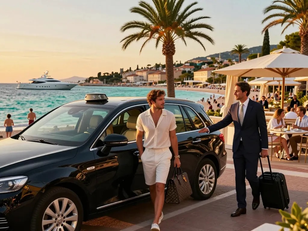 Voyageur sortant d'un taxi de luxe à Saint-Tropez près de la plage, mettant en avant un service haut de gamme et des vues pittoresques.