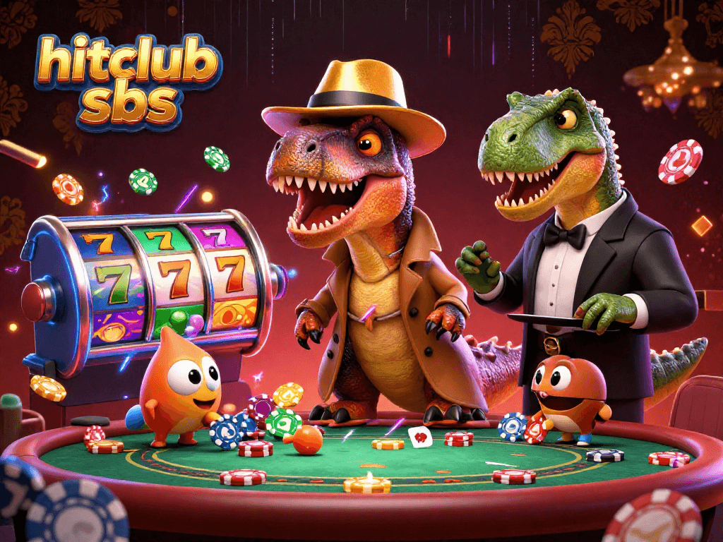 Hitclub sbs showcases a blackjack scene with a velociraptor card counter amidst vibrant slot reels and colorful casino elements.