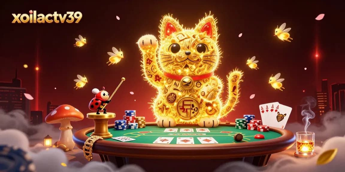 xoilactv39 showcases a vibrant casino illustration featuring a lucky cat and dynamic poker elements.
