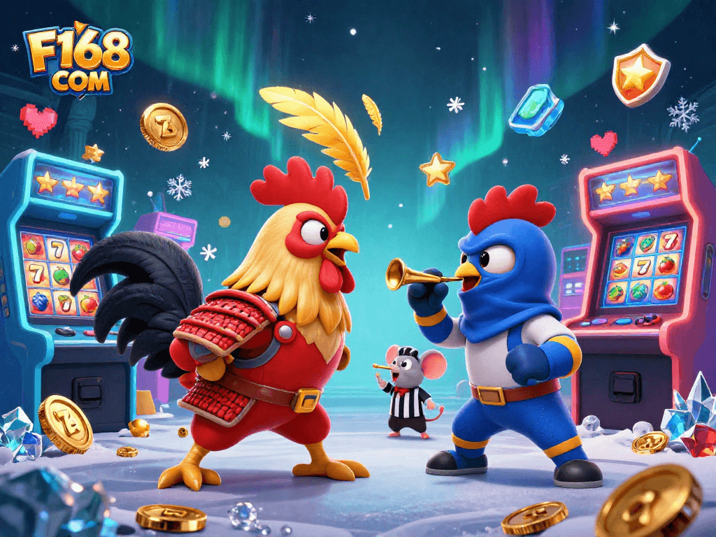 Engage in thrilling action with F168 COM as roosters battle in a vibrant casino arcade scene.