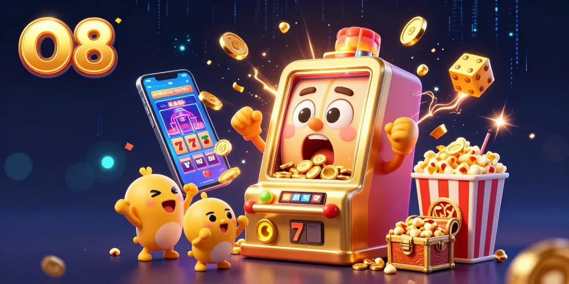 Experience the thrill of O8 as the golden slot machine celebrates its jackpot amidst a lively casino scene filled with coins and excitement.