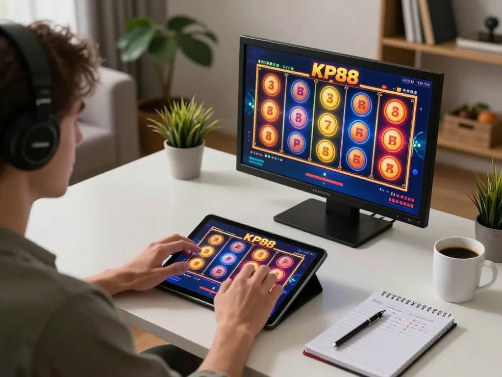 Engaging gameplay on KP88 slots with colorful reels displayed on a tablet, featuring a cozy home setup.
