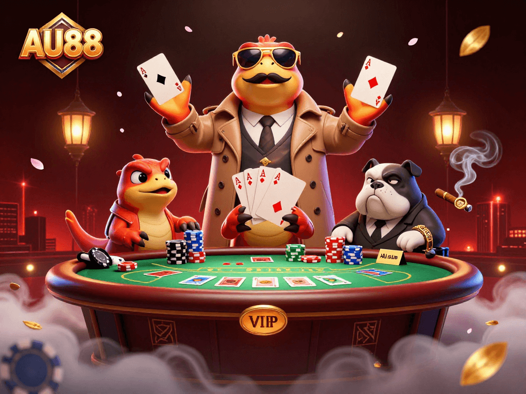 Join the fun at AU88 as playful raptors disguise themselves entering a lively casino.