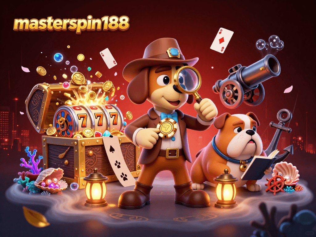 Engage in winning strategies at masterspin188 with 3D detective uncovering clues amidst vibrant casino elements.