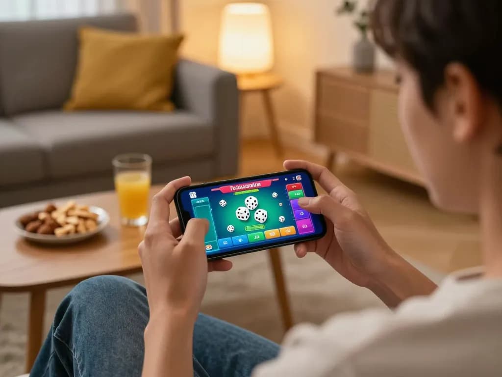 Engaged in taixiuonline dice gameplay on smartphone, showcasing user-friendly interface in a cozy home setting.