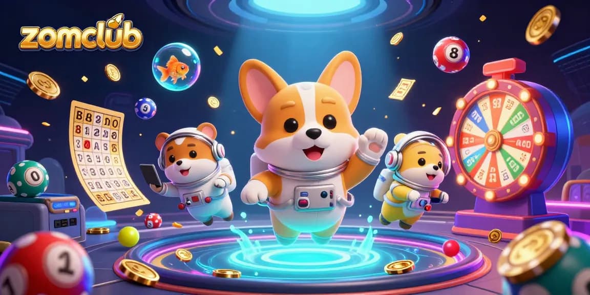 Zomclub's 3D casino illustration showcases an astronaut corgi floating among colorful lottery elements and gold coins.