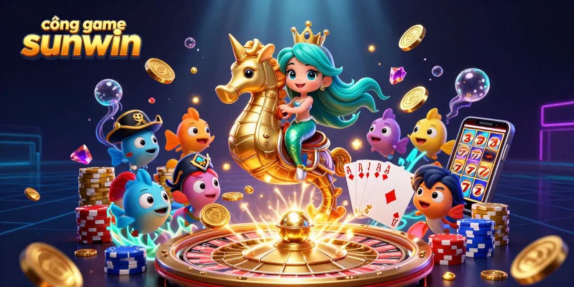 Experience the excitement of cổng game sunwin with a dazzling 3D illustration of a mermaid princess and seahorses amidst casino elements.