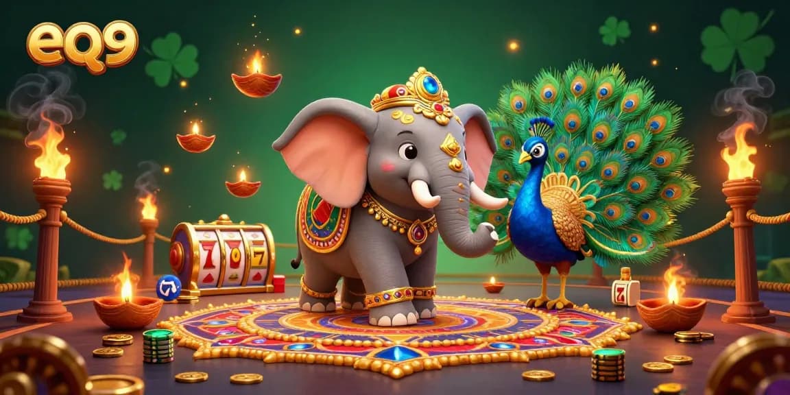 Spin to win at EQ9 with engaging casino games featuring vibrant elements like floating diyas and peacock.