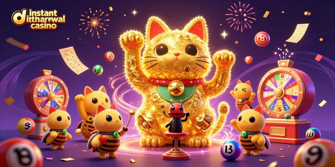 Experience the excitement of an instant withdrawal casino with a dynamic golden lucky cat and vibrant gaming symbols.