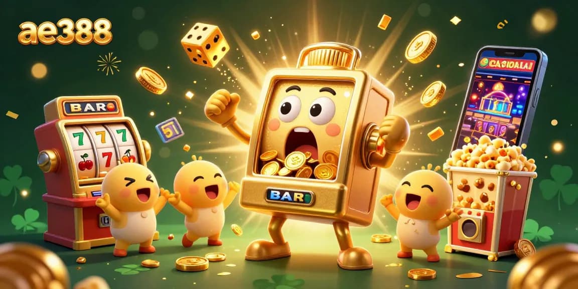 Experience the thrilling ae388 slot machine jackpot with golden coins pouring and exciting game elements!