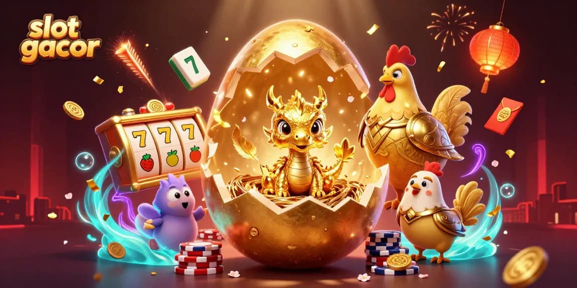 Experience the excitement of slot gacor with a baby dragon and poker chips in a vibrant casino scene.