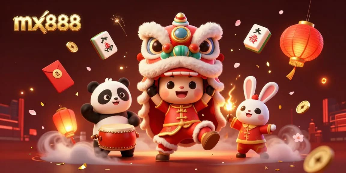 Join the excitement at mx888 with vibrant casino illustrations featuring a festive lion dance.