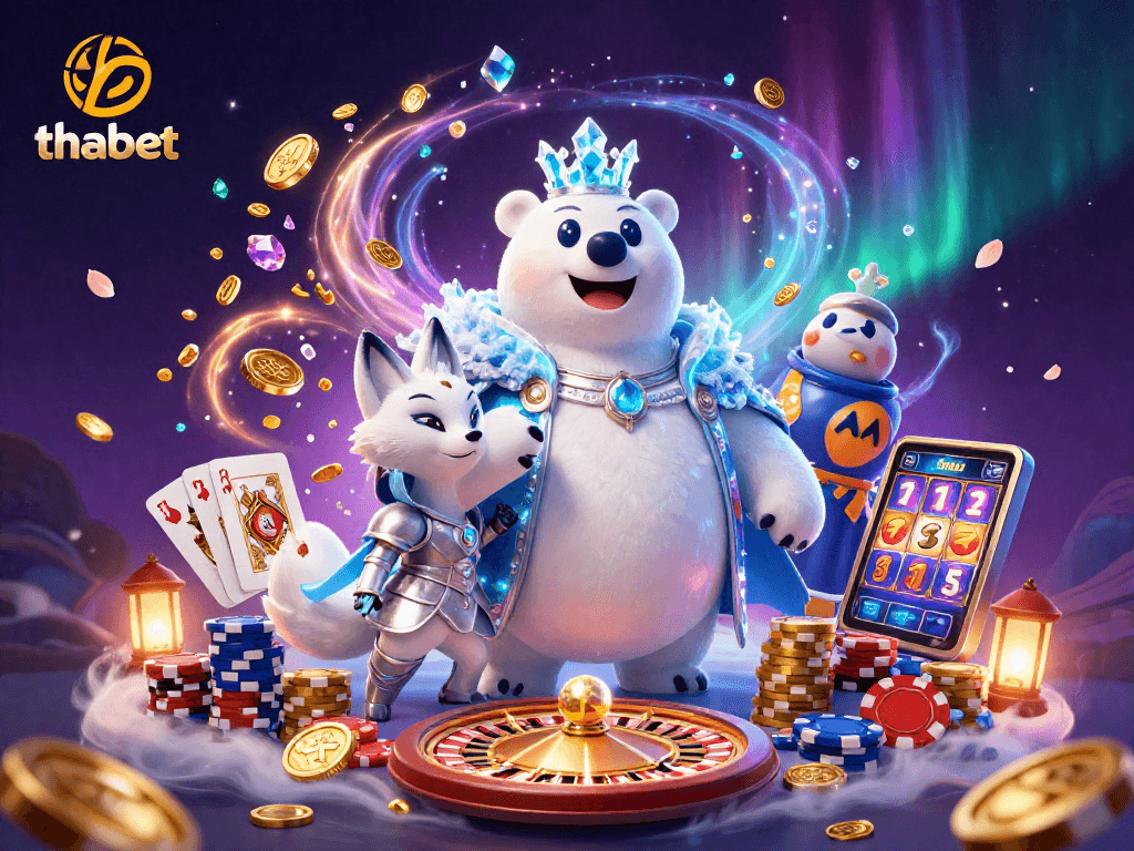 Win big with thabet, featuring a polar bear and snow fox in a vibrant casino scene.