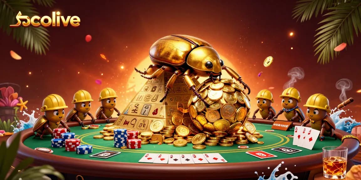Socolive features a cartoon golden dung beetle amidst a rich poker scene with vibrant casino elements.
