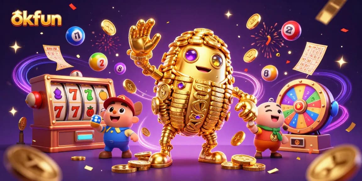 Spin winning slots at okfun while interacting with gold golem and colorful game elements.