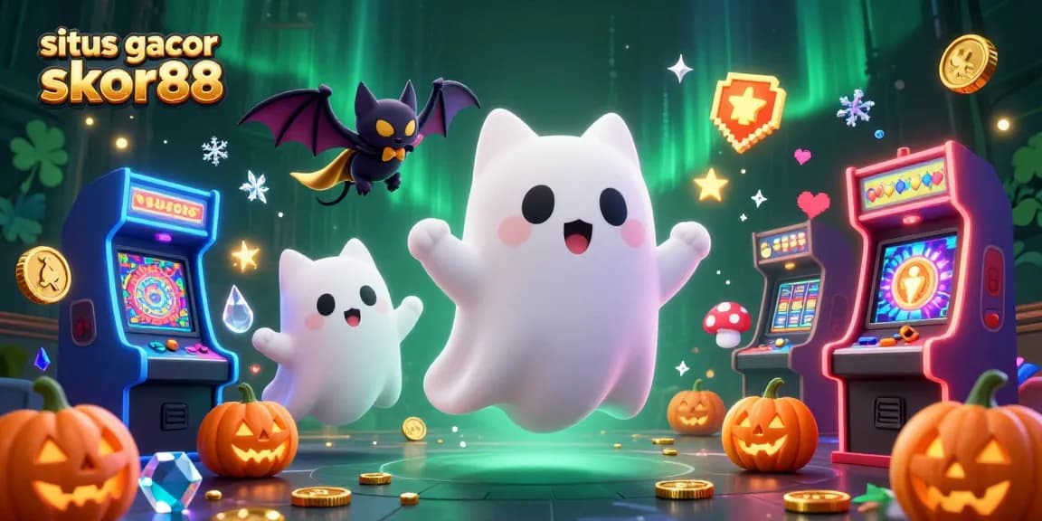 Spin the reels at situs gacor skor88 while a friendly ghost cat and bat float in a vibrant casino.