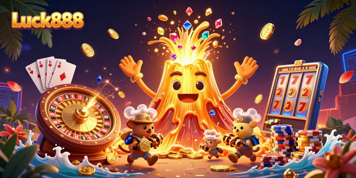 Win big with Luck888 in this vibrant casino-themed illustration full of gold and excitement.