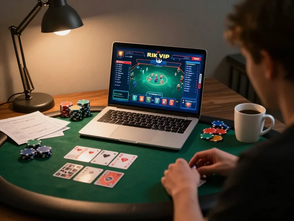 Engaged player strategizing on rik vip poker game from home setup