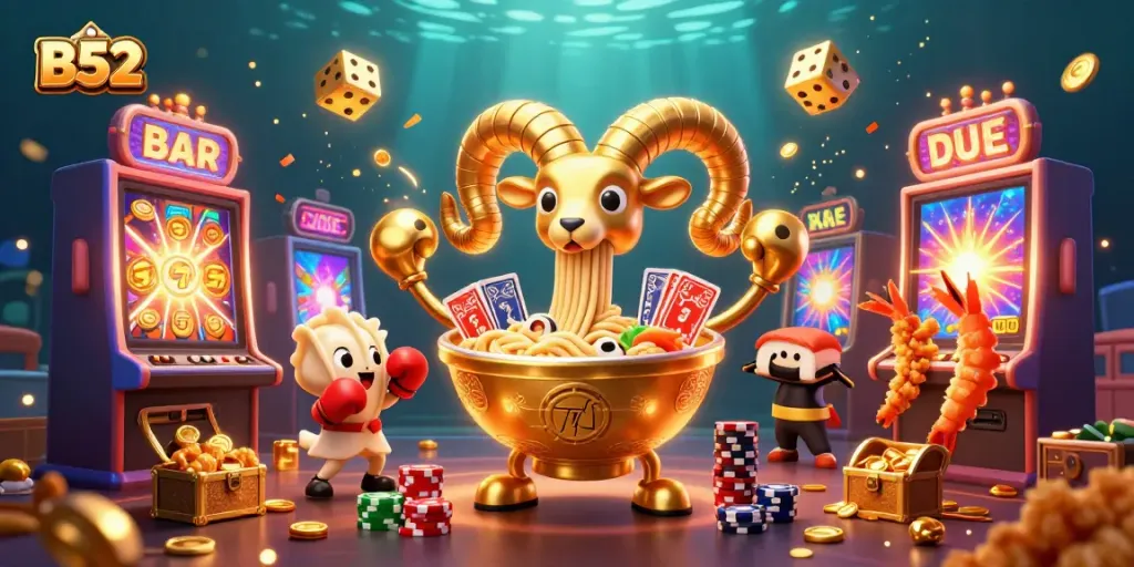 Engaging B52 casino scene with a golden ramen bowl and dynamic gambling elements.
