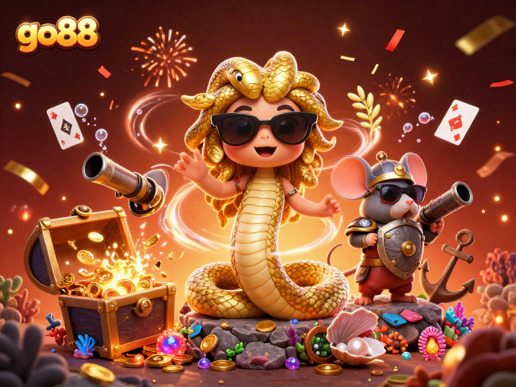 Experience thrilling gaming opportunities on go88 with a vibrant scene of cartoon characters and casino elements.
