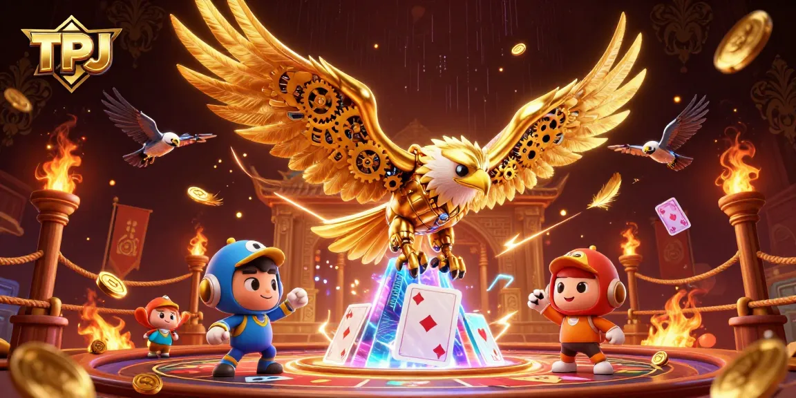 TPJ showcases a thrilling casino scene with a golden eagle amidst holographic cards, symbolizing winning strategies.