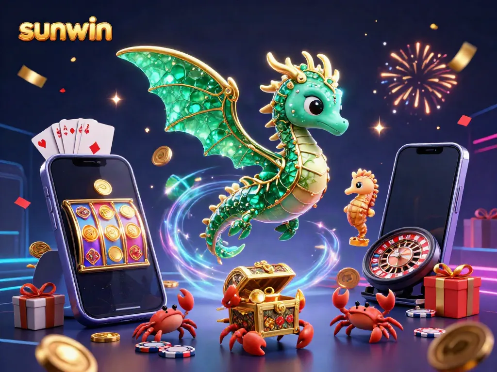 Experience thrilling games with sunwin’s vibrant 3D illustration featuring a sea dragon, treasure, and slot symbols.