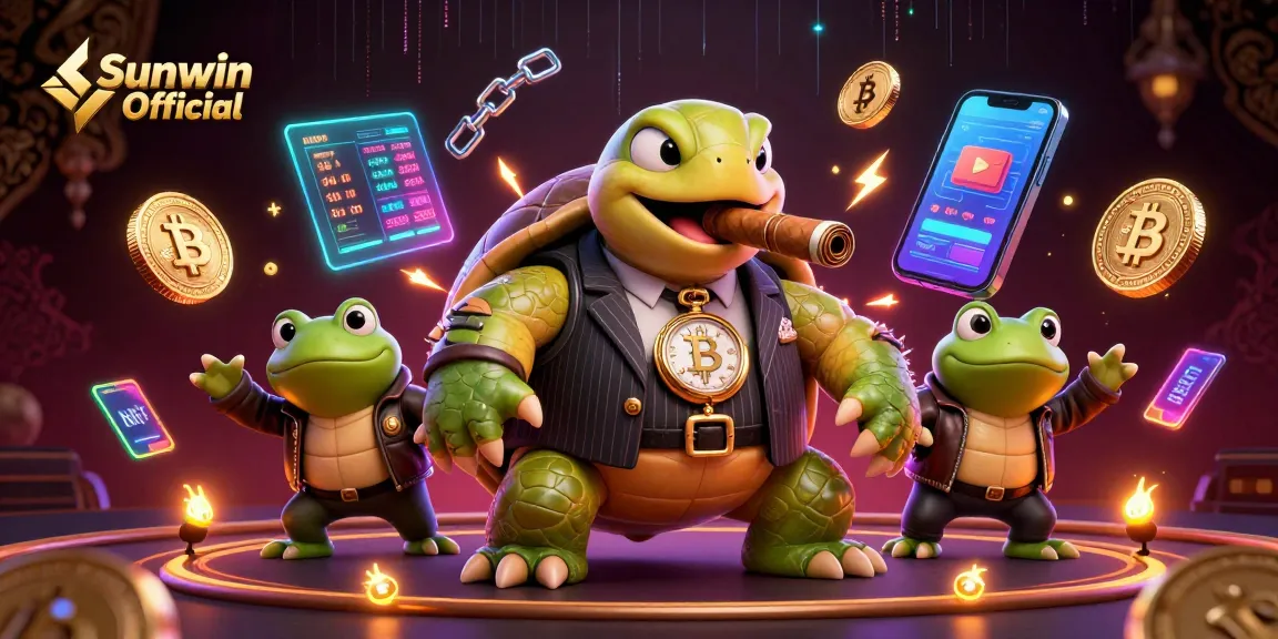 Win big at Sunwin Official casino with a lively scene of a snapping turtle and bullfrogs amidst vibrant gaming elements.
