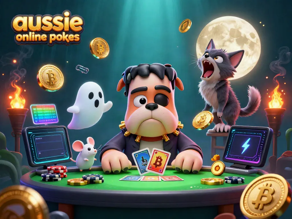 Experience the thrill of aussie online pokies with a cartoon monster dealing cards in a vibrant casino scene.