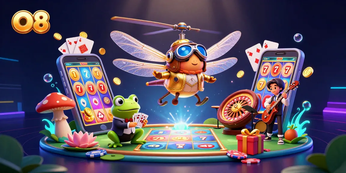 Engage with O8's vibrant casino scene as a dragonfly pilot navigates a lily pad while a frog croupier leads the game.
