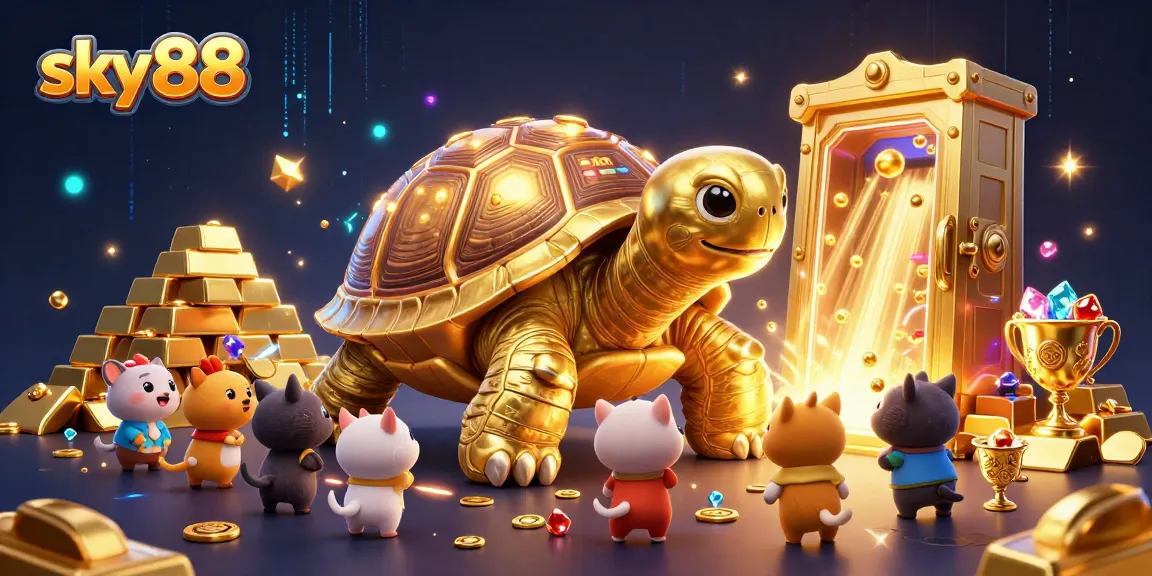 Sky88 offers thrilling casino excitement with a colorful tortoise-themed illustration showcasing treasures.
