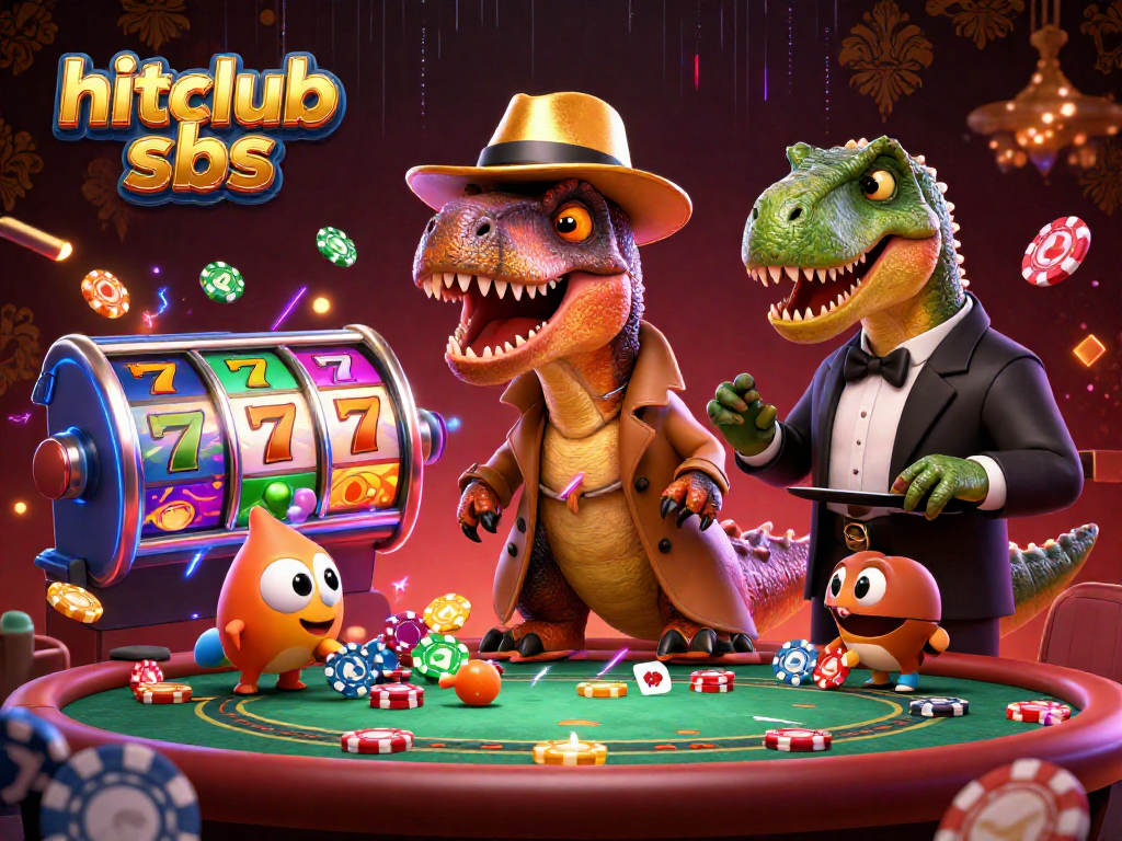 Hitclub sbs showcases a blackjack scene with a velociraptor card counter amidst vibrant slot reels and colorful casino elements.