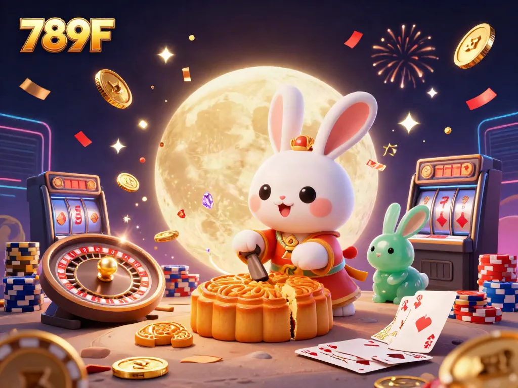 Experience thrilling moments with 789F casino games, featuring the moon rabbit and playful elements in a vibrant scene.