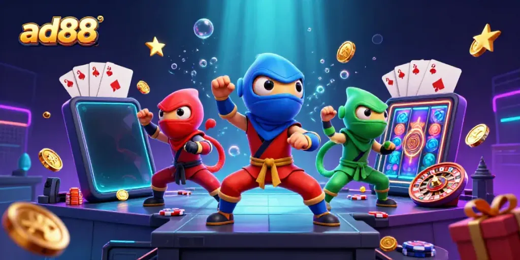Experience the excitement of ad88 with a vibrant scene of ninja chameleons performing casino-themed martial arts.