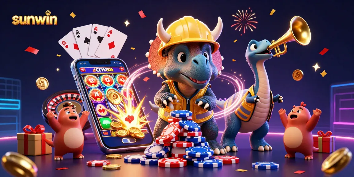 Experience the excitement of sunwin through dynamic gaming scenes with vibrant characters and casino elements.