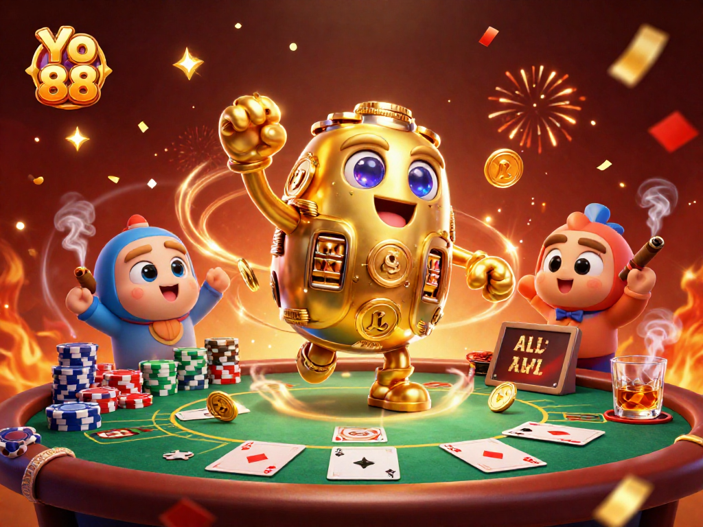 Experience thrilling gameplay at Yo 88 with a vibrant casino scene featuring poker elements and festive details.
