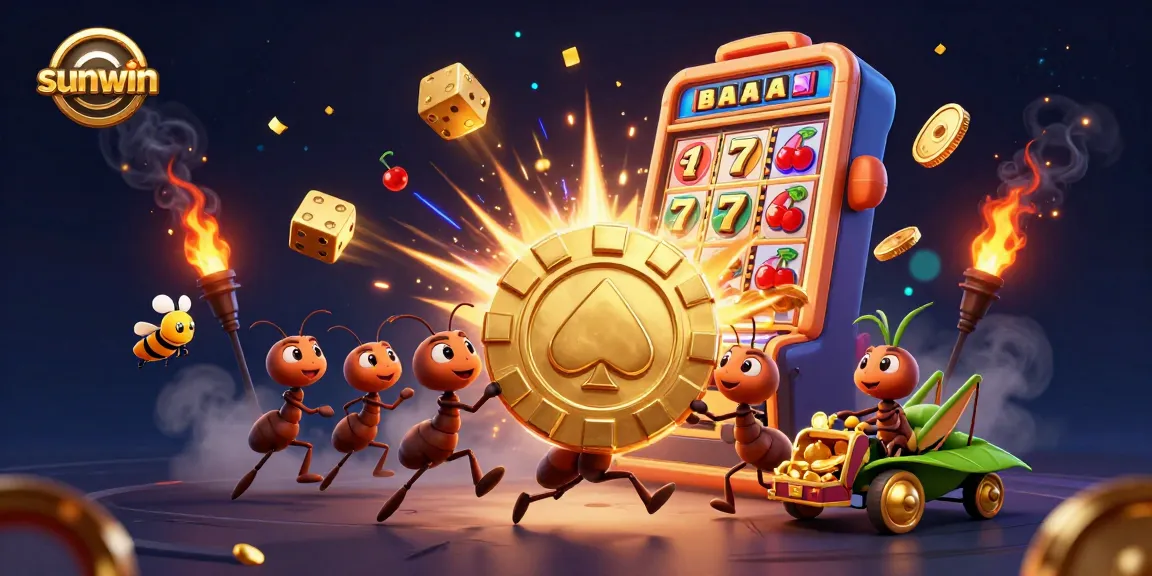 Sunwin offers a vibrant scene with ants heisting a giant poker chip amid casino symbols and a jackpot explosion.