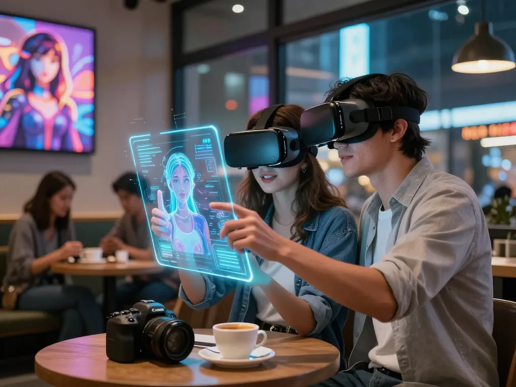 Exciting AI gf customization scene in a futuristic cafe setting.